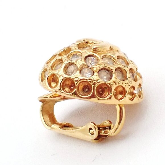 CHANEL CC Logo Rhinestone Round Button Earrings Clip-On Gold Vintage - Picture 5 of 16